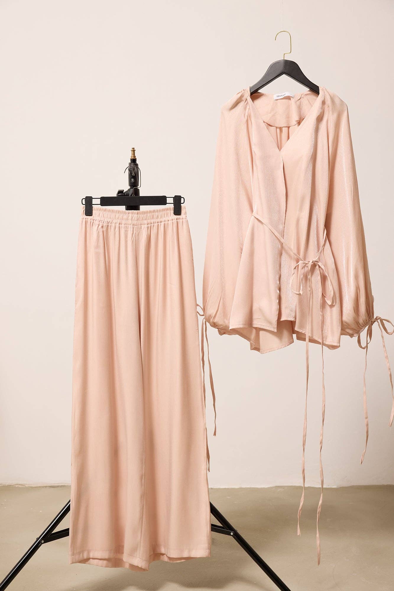 Pink Textured Satin Look Belted Tunic & Wide Leg Pants Set for wholesale on Faire0