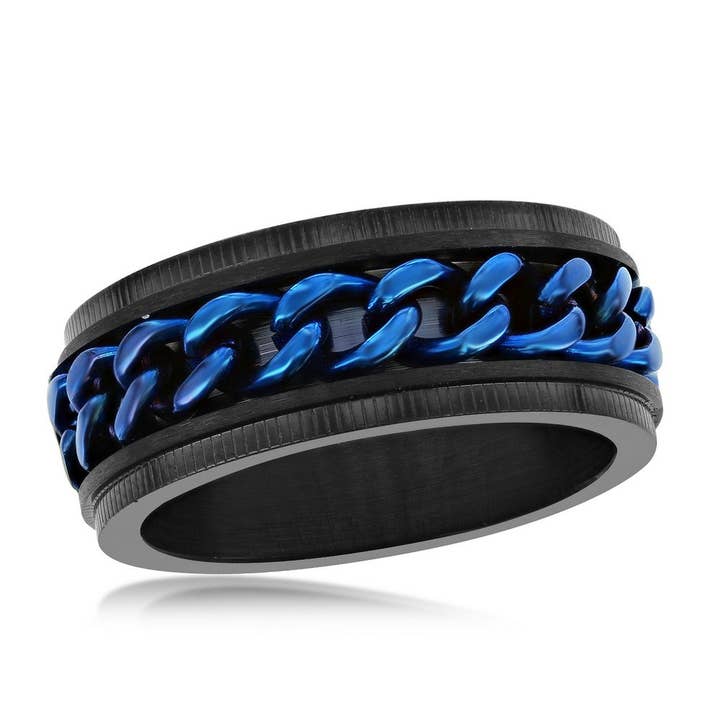 Bague à maillons cubains bleus en acier inoxydable - Plaqué noir pour la vente par Metallo