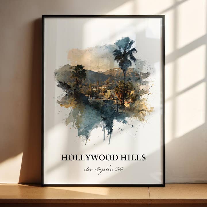 Hollywood Hills Wandkunst, Hollywood Hills Druck, Kalifornien Aquarellkunst, Hollywood Hills Geschenk, Hollywood Druck, Poster, Einweihungsgeschenk für den Großhandel von Premium Travel Art