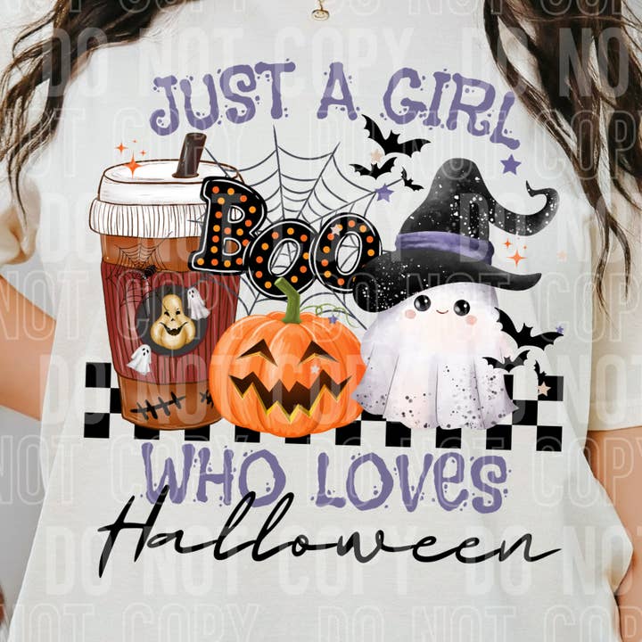 Just A Girl Who Loves Halloween DTF Transfer for wholesale by K and M Designs