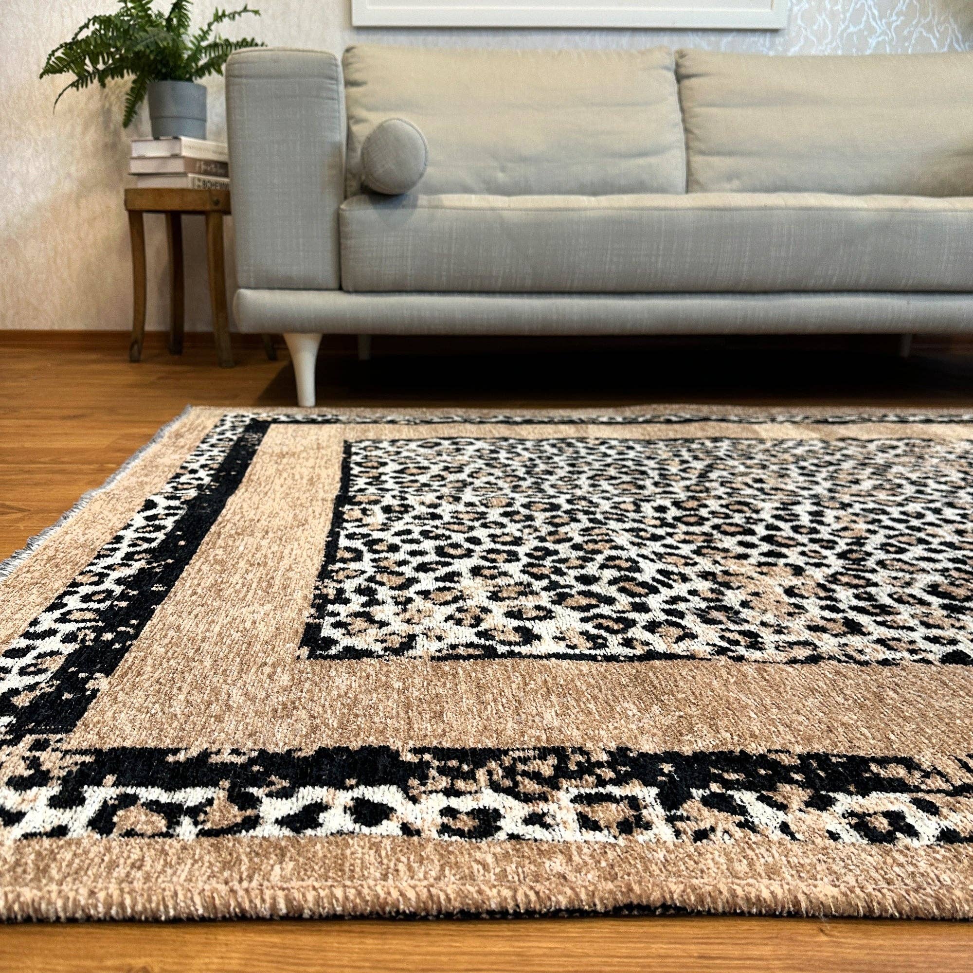 Reversible Leopard Black Beige Washable Area Rugs for wholesale on Faire3