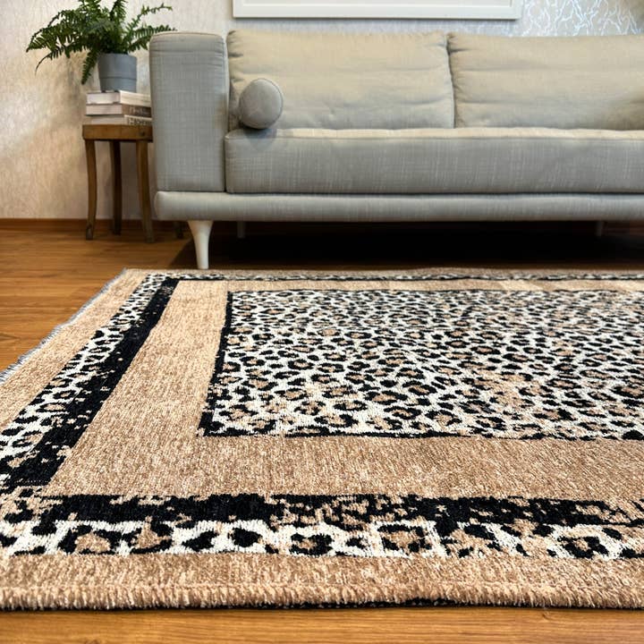 Beige Noir Tapis de zone lavables réversibles léopard noir beige en vente sur Faire3