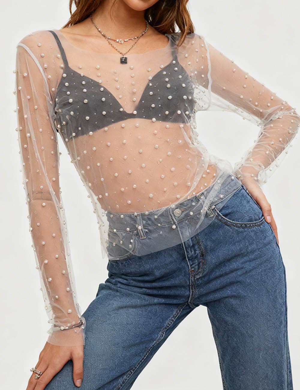 Sweetkama - Wholesale Blouse – Women’s - Pearl Rhinestone Studded See Through Mesh Crop Top SKT19766