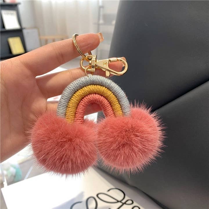 Rainbow Cloud Mink Fur Fluffy Ball Car Key Bag Pendant Keychain for wholesale by FurDecoration