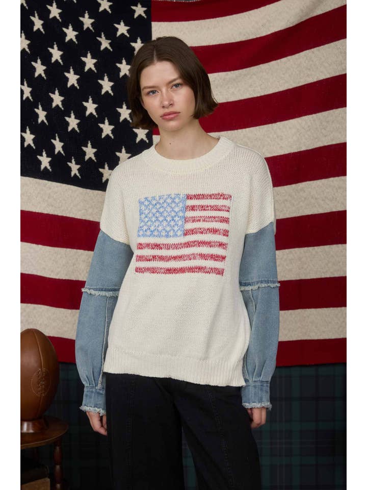 J.O.A - Wholesale Knit Sweater - Women's - AMERICAN FLAG DISTRESSED DENIM SLEEVE KNIT SWEATER9