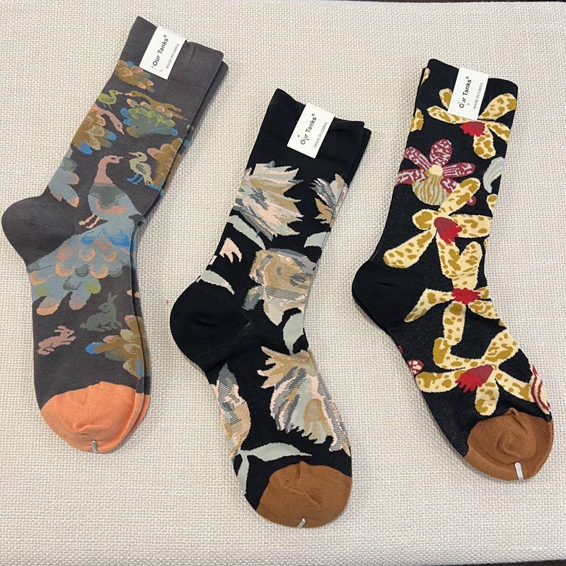 Tourtiwi - Wholesale Socks - Unisex - Oil painting style animal flower print socks35