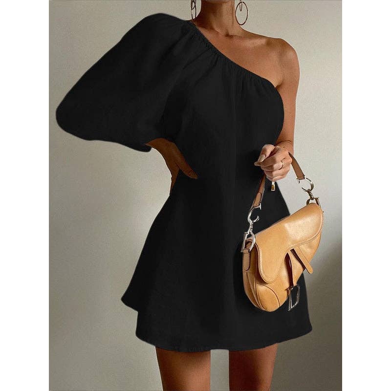 Sheer Trend - Wholesale Dress - Women's - Loose Three-Quarter Sleeves Asymmetric Elasticity Solid Color One-Shoulder Mini Dresses0