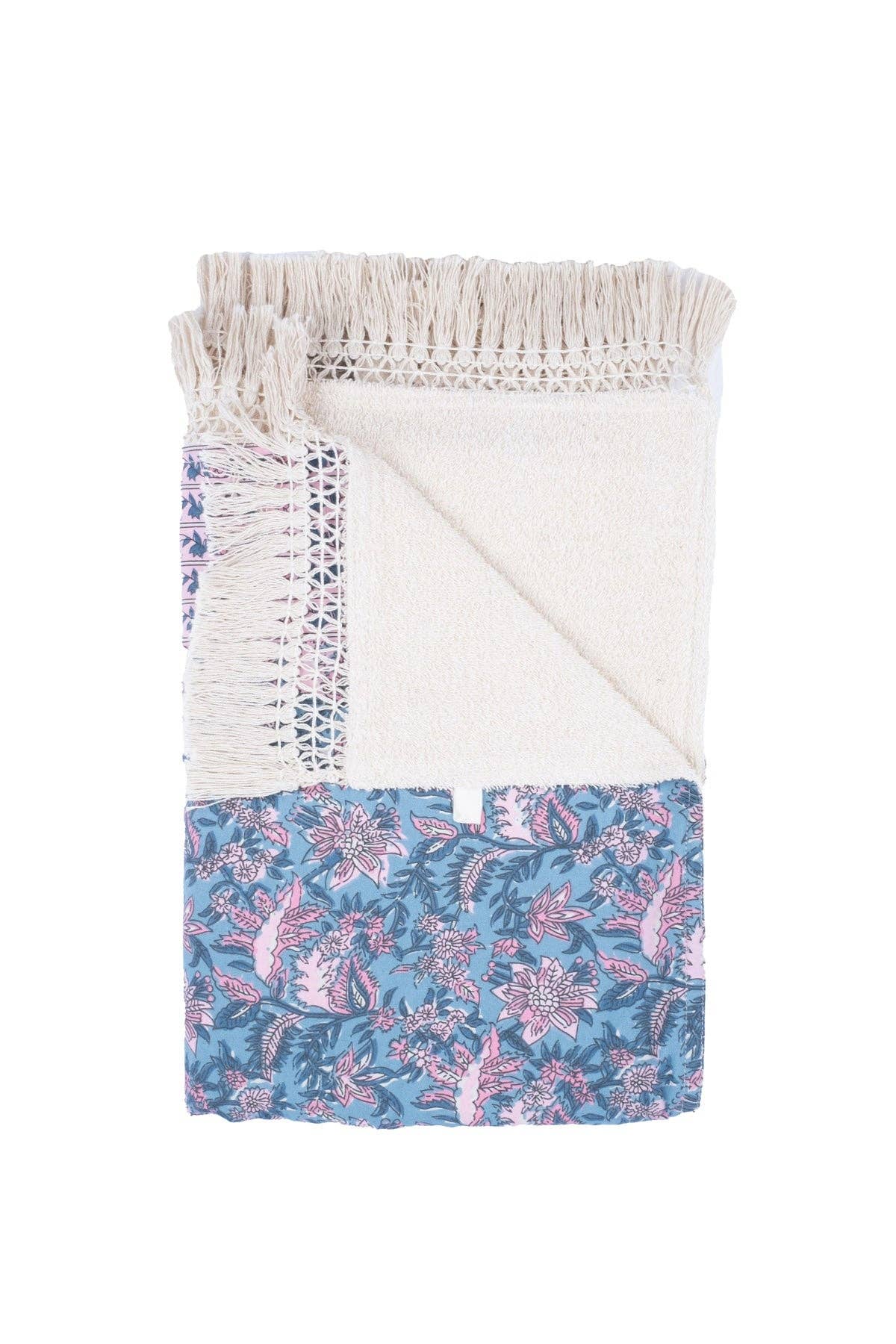 Jardin d den turquoise Lana Beach Towel - Tassels - flowers - blue - pink for wholesale on Faire2