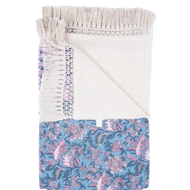 Jardin d den turquoise Lana Beach Towel - Tassels - flowers - blue - pink for wholesale on Faire2