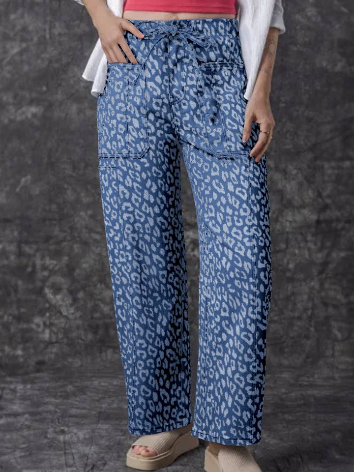 Lovesoft - Wholesale Jeans - Women's - Khaki Leopard Printed Drawstring Waist Pocketed Wide Leg Jeans2