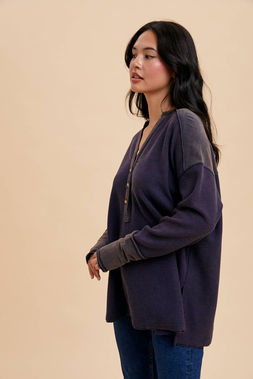 In Loom - Wholesale Knit Top - Women's - GARMENT WASHED THERMAL HENLEY0