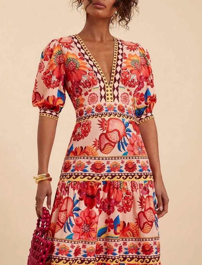 FLOWERY Floral Print Long Dress with Puff Sleeves for wholesale on Faire2