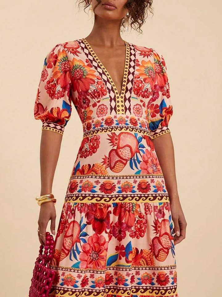 FLOWERY Floral Print Long Dress with Puff Sleeves for wholesale on Faire2