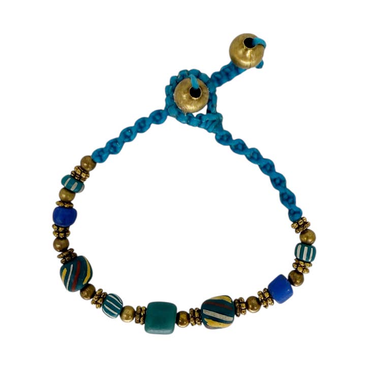 Brass and Clay Bead Adjustable Bracelet Turquoise Blue for wholesale by Maka Imports