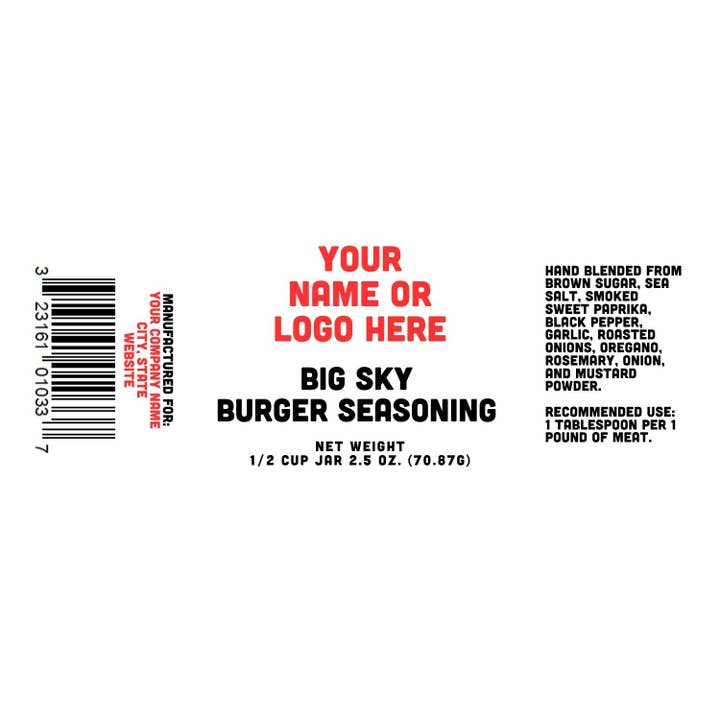 Big Sky Burger Seasoning - Custom Name / Logo Label for wholesale by Rachel's Spice Company