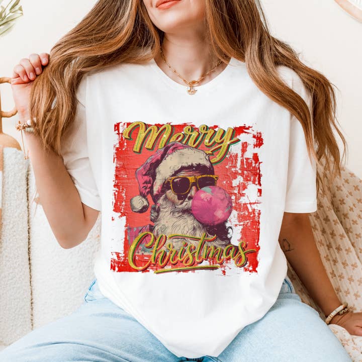 Merry Christmas/Santa/Bubblegum Graphic Tee #9047 for wholesale by Urban Edge Co.