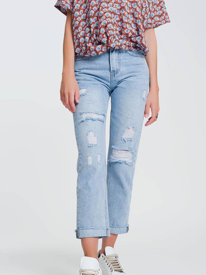 jean droit déchiré en denim léger pour la vente par Q2—All Orders:Free Duties for the US,UK,and Canada