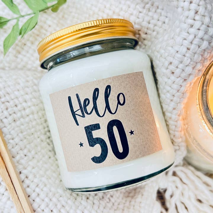 50 Milestone birthday age handmade soy scented candle for wholesale by Lollyrocket Candles Limited