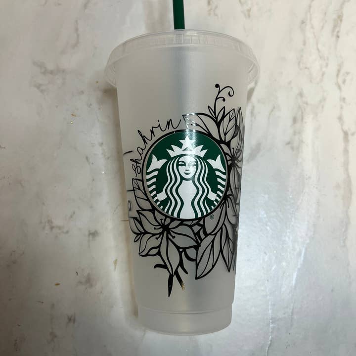 Hudaa & Co - Vente Gourde/bouteille isotherme - Tasse Starbucks personnalisée à thème floral | Tasse froide | Gobelet | Paille | Personnalisé | Réutilisable | Verres | Venti | Personnalisable | Tasse à fleurs |1