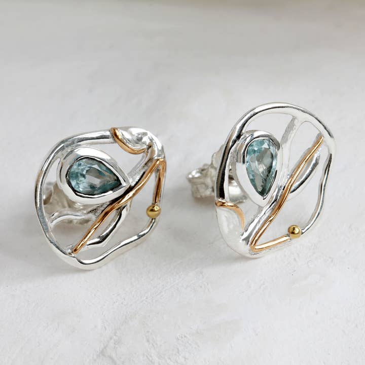 Handmade Blue Topaz Stud Earrings, Sterling Silver for wholesale by Banyan Jewellery