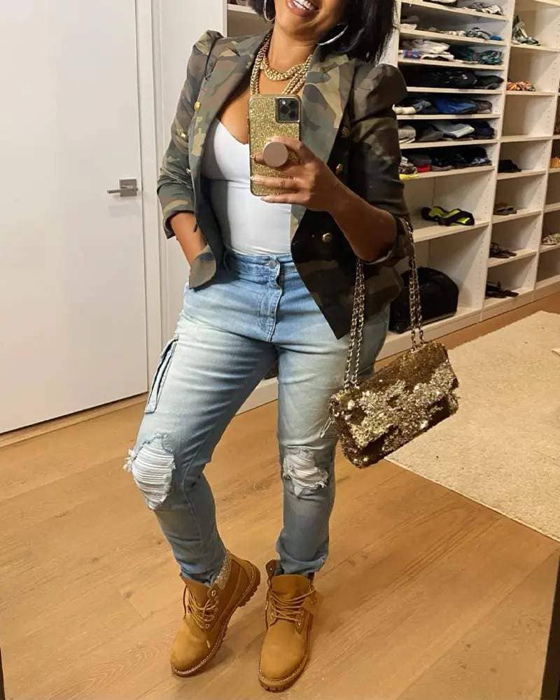 CAMOFLAGE Camo Print Puff Sleeve Blazer Jacket for Women for wholesale on Faire1