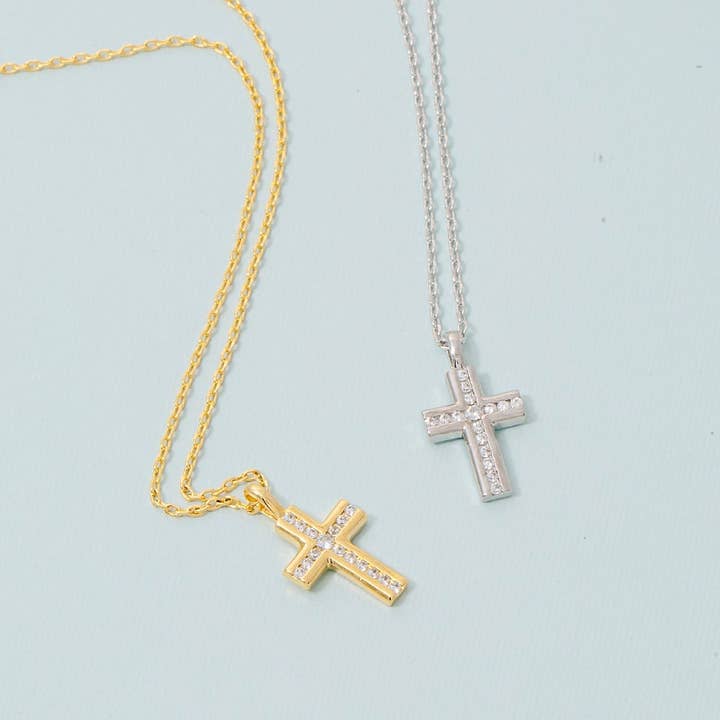 Gold Dipped Cz Pave Cross Pendant Necklace for wholesale by Fame Accessories