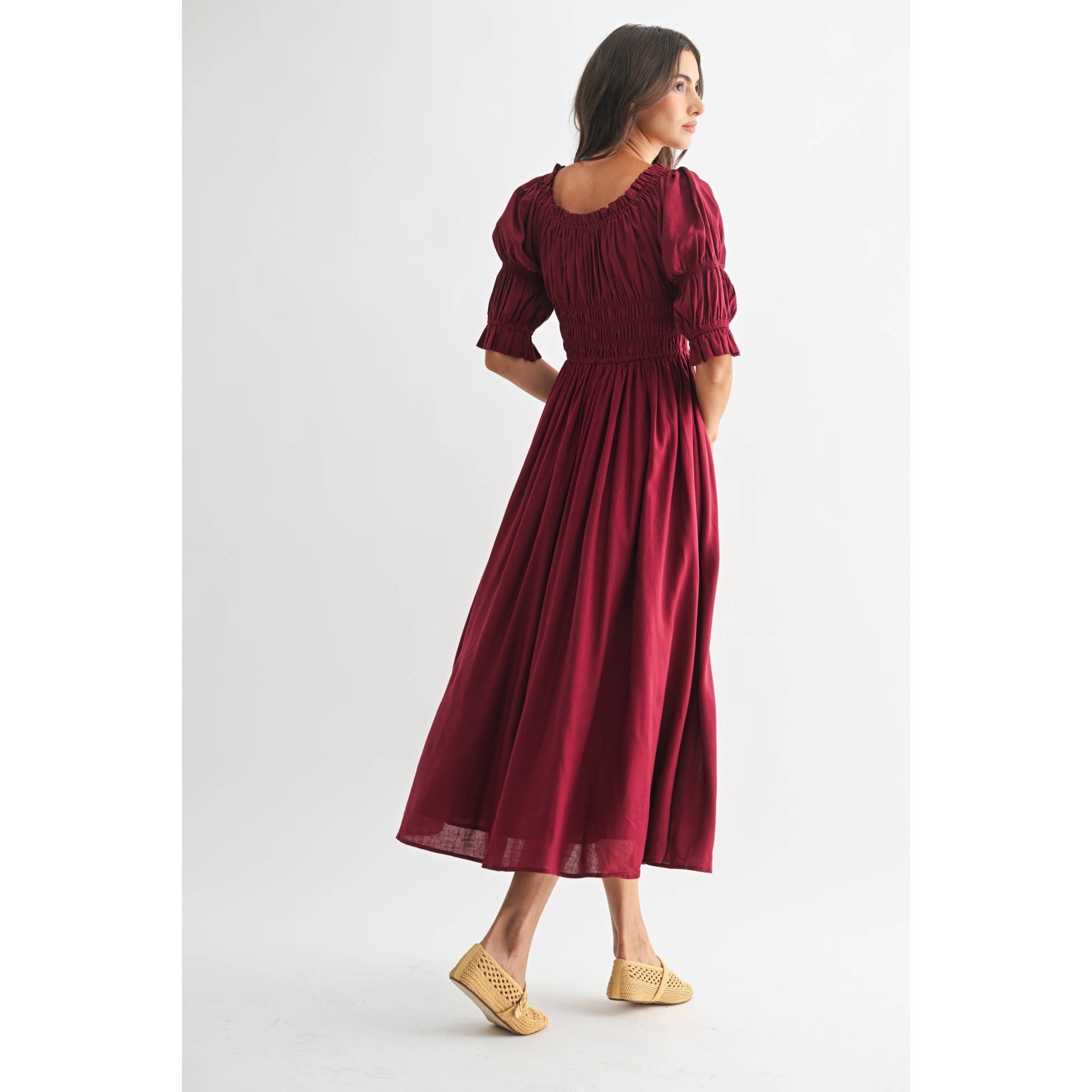 BURGUNDY OFF-SHOULDER SMOCKED MIDI DRESS WITH PLEATED SKIRT for wholesale on Faire9