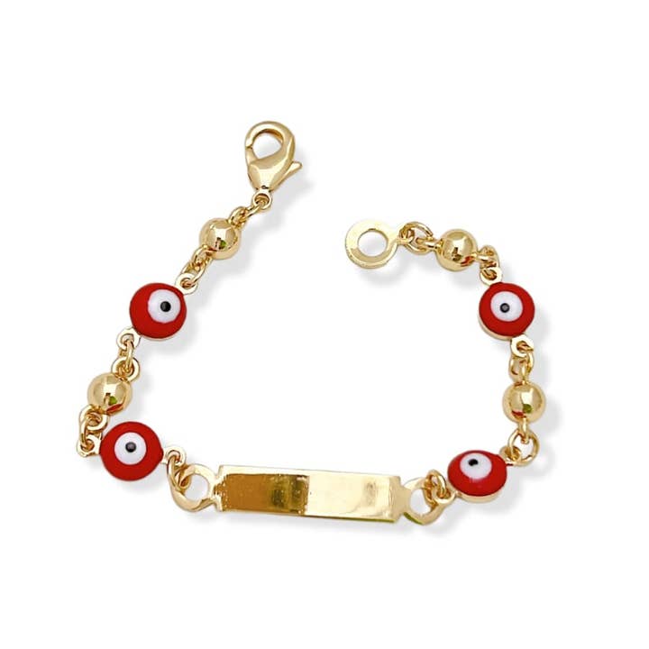 Id Plate Red Evil Eye Kid’s Size 18kts of Gold Plated Bracelet for wholesale by Raf Rossi Gold Plated