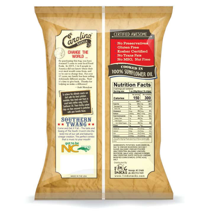 1 in 6 Snacks- Carolina Kettle chips - Wholesale Chips - Salt & Balsamic Vinegar Carolina Kettle Chips 2 oz Case (20)1
