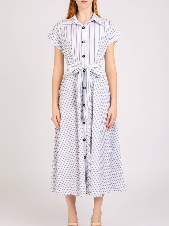 Striped Print Belted Maxi Shirt Dress PC3896 for wholesale by Beulah Style