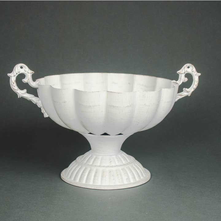 White Distressed Roman Urn Planter with Scroll Handles for wholesale by Originals International Ltd
