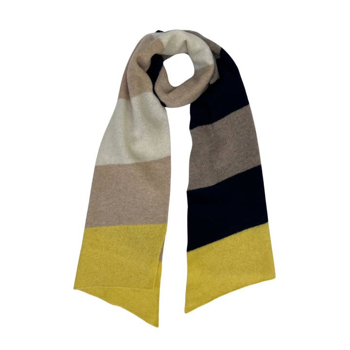 Merino Yellow Oatmeal Navy Stripe Scarf for wholesale by Penny Grace Knitwear