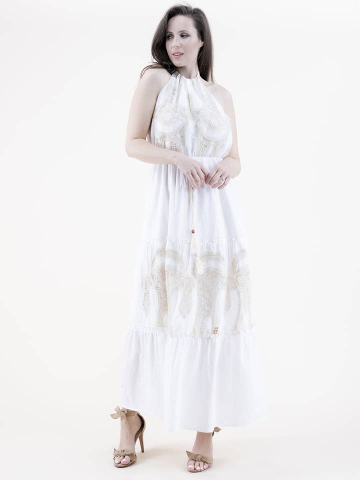 Robe longue à volants en coton et dentelle avec dos nu pour la vente par Original USA