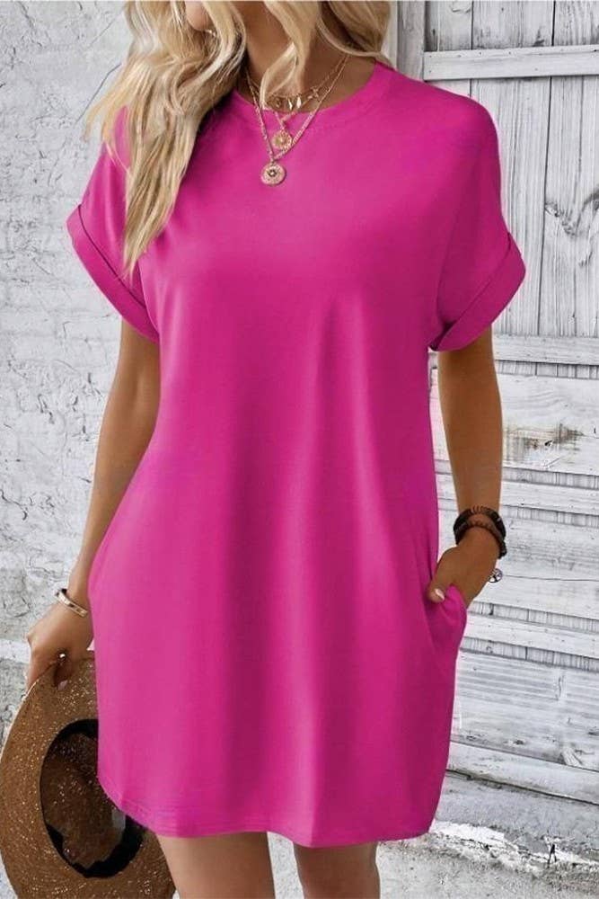 UNISHE - Wholesale Dress - Women's - Plain Fold Cuff Pockets Round Neck T-Shirt Dress ZK133321