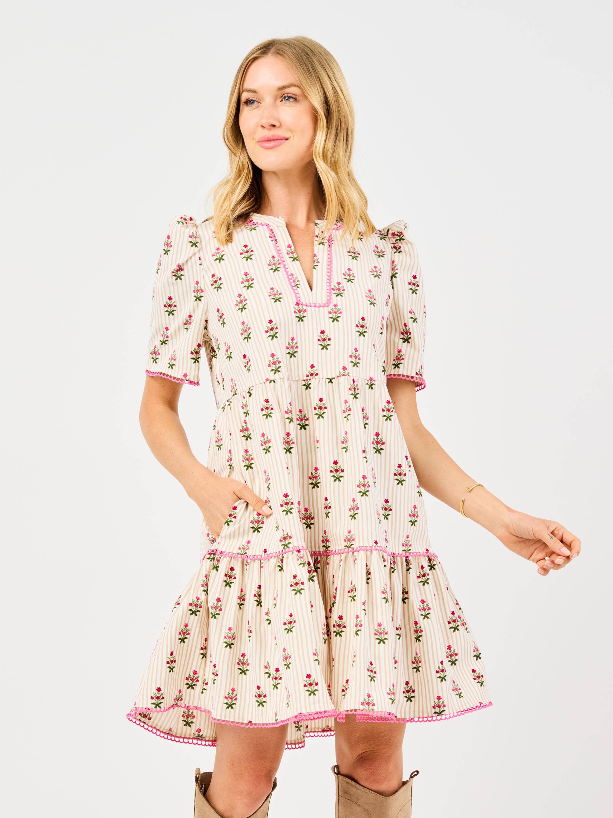 Mary Square - Wholesale Dress – Women's - Adelyn Dress | Cottage Stripes Tan