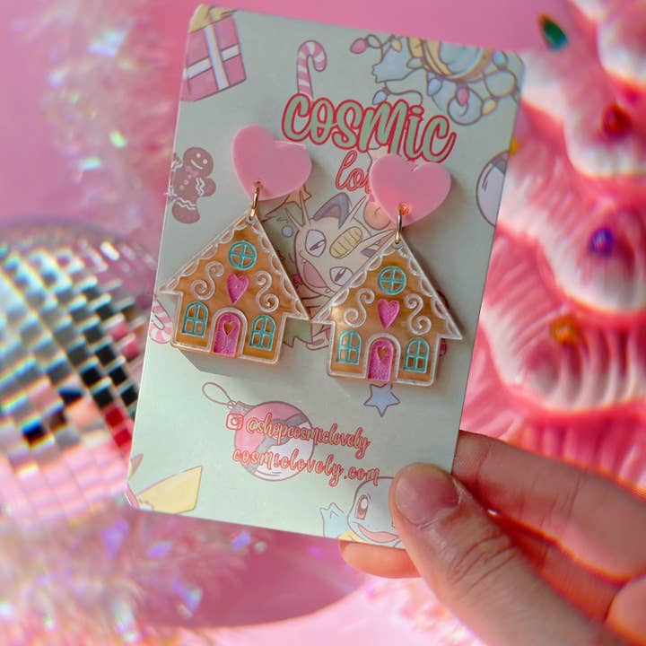 Cosmic lovely - Wholesale Dangle Earrings - Pink Christmas Gingerbread House Earrings