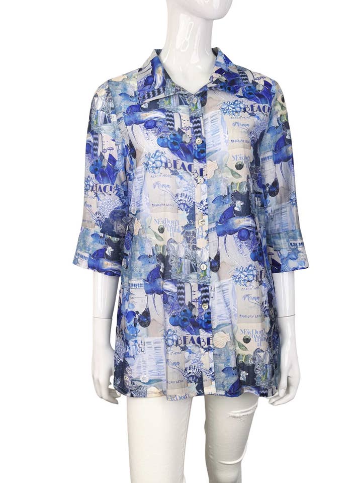 Women Sea Blue 3/4 slv button pacific shirts for wholesale by Kamana