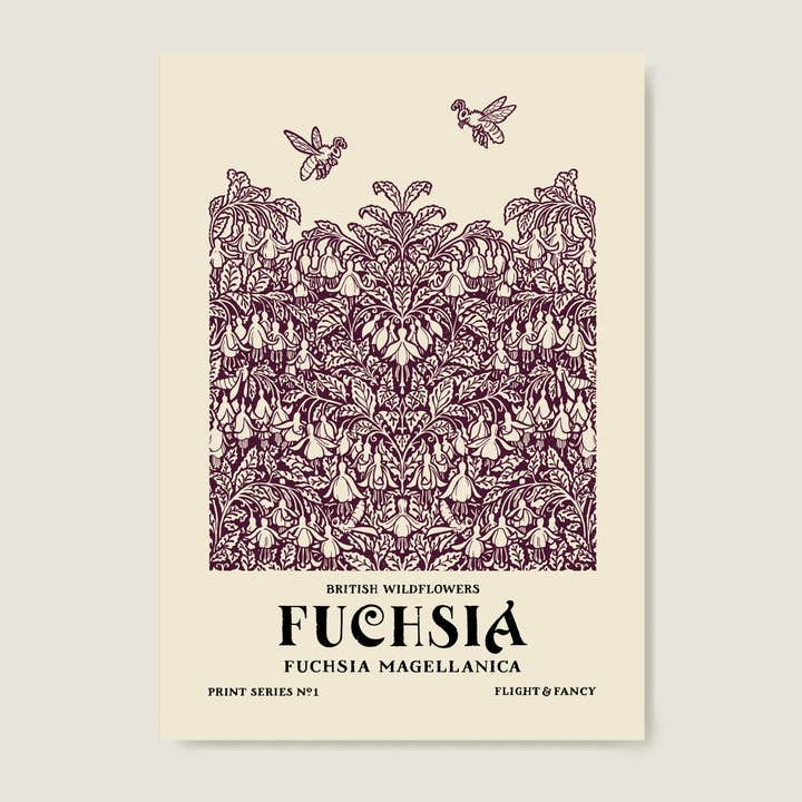 Fuchsia Wildflower Print. A3 Riso Art Print for wholesale by flight & fancy