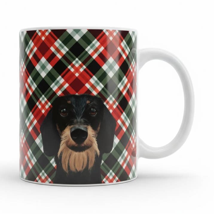 Ruwhaar Teckel Mok Geruite Achtergrond - Wire Haired Dachshund Keramische Mok 11oz voor wholesale door Teckels Tales Travels