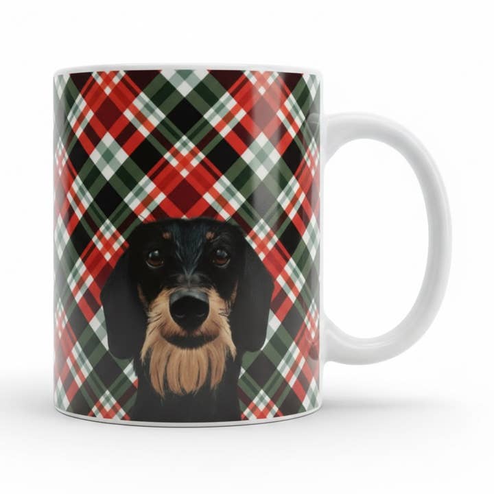 Ruwhaar Teckel Mok Geruite Achtergrond - Wire Haired Dachshund Keramische Mok 11oz voor wholesale door Teckels Tales Travels