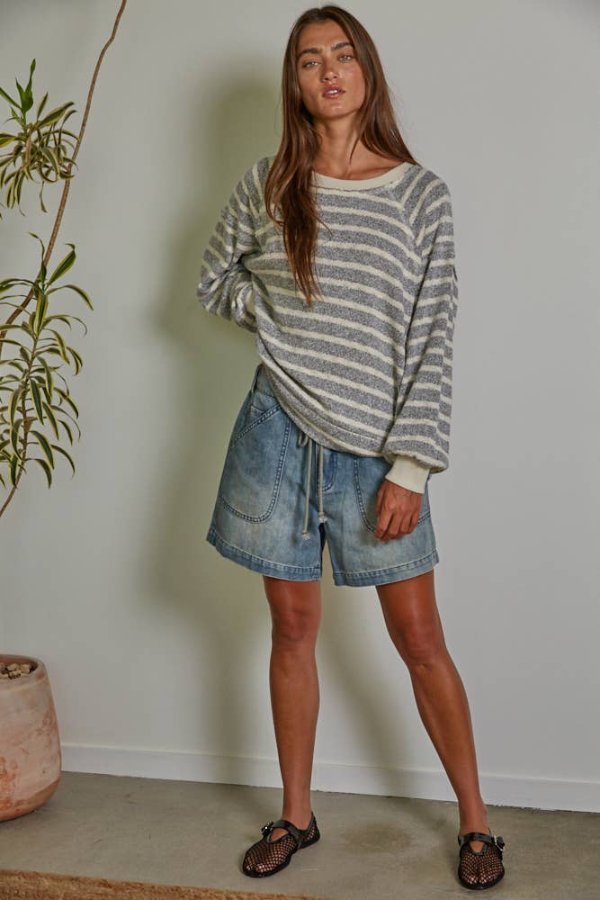 Cream Grey RJ3411 | Knit Striped Long Sleeve Pullover Top for wholesale on Faire1