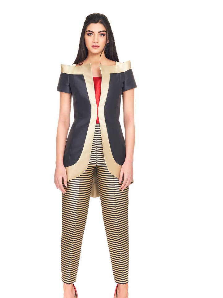 Fantasy Stripes Mikado silk jacket and pants set for wholesale on Faire0