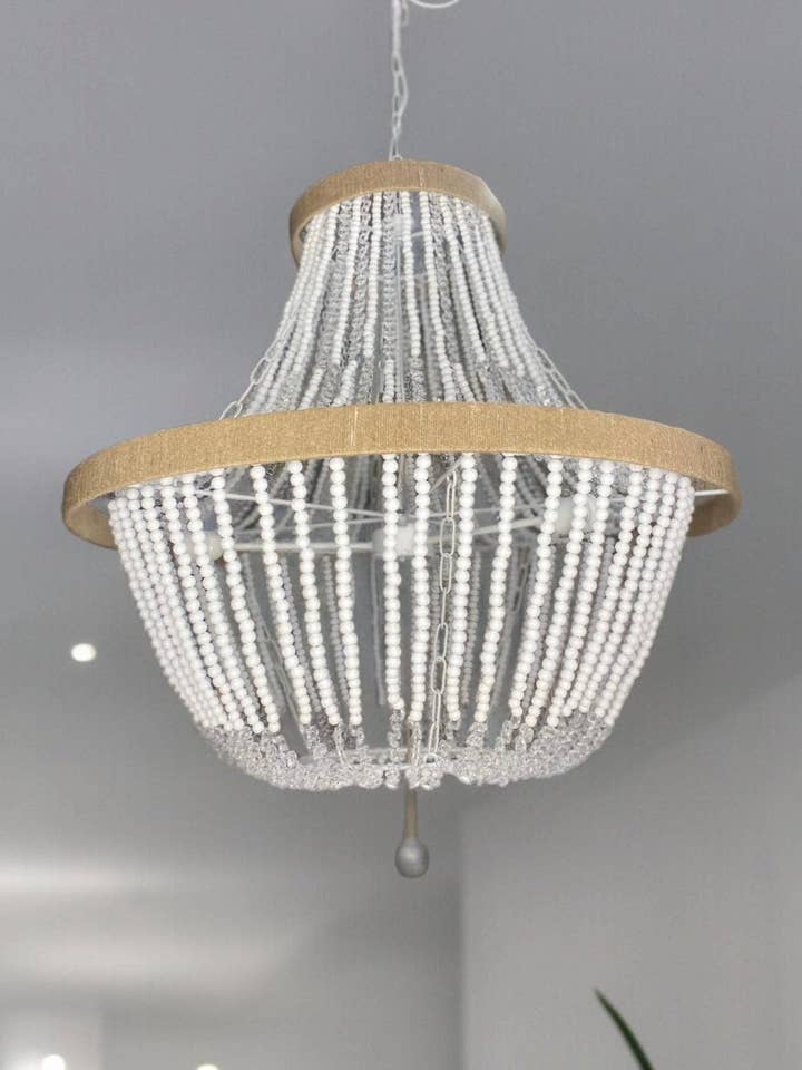Lámpara Boho hecha a mano con cuentas de madera y cristal, lámpara colgante rústica para sala de estar, luz de comedor, decoración de dormitorio. para venta al por mayor de Joy's Arts