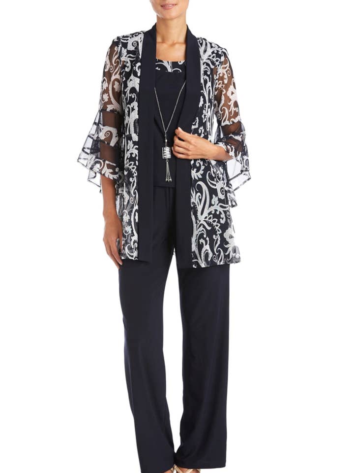 NAVY WHITE RM Richards Filigree Motif 3-Piece Pants Set for wholesale on Faire0