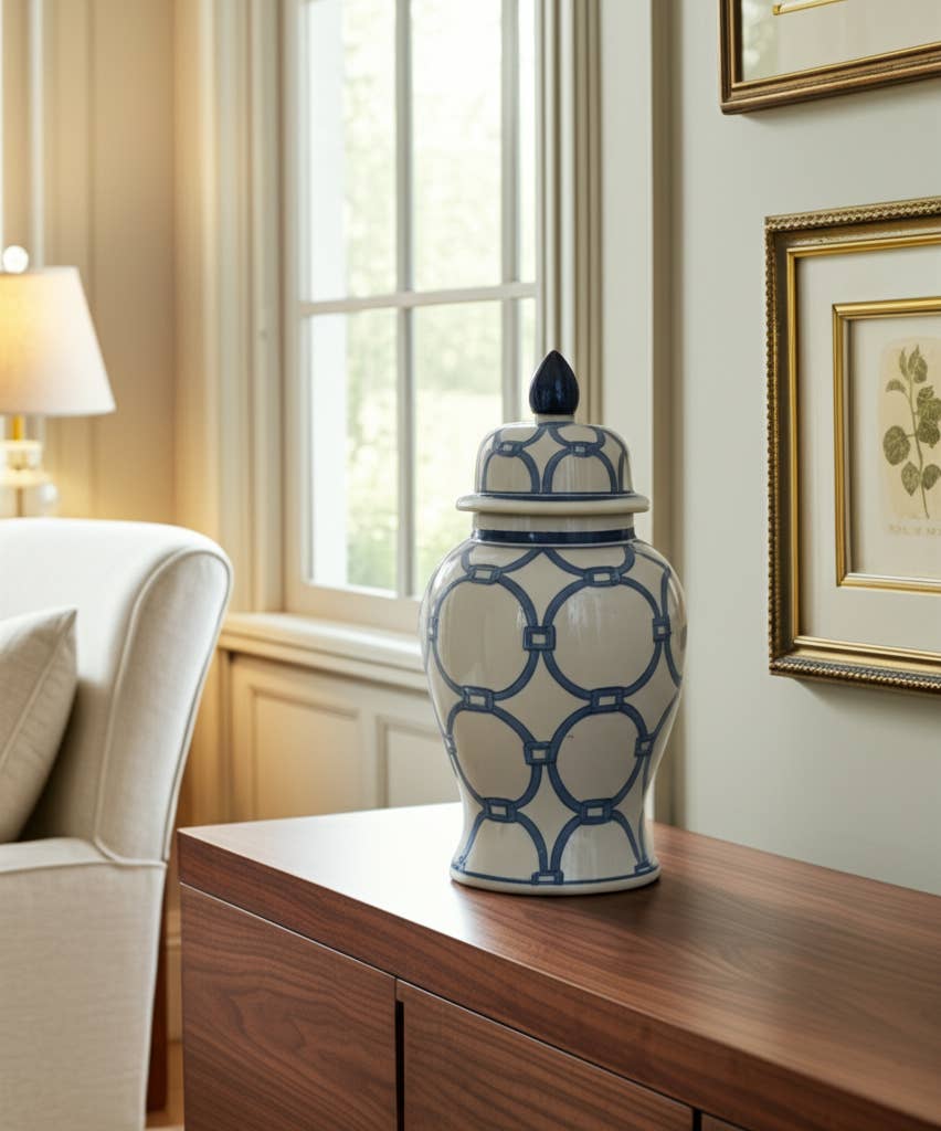 Sagebrook Home - Wholesale Decorative Jar - Ceramic Links Lidded Decorative Temple Jar - Blue, 14 in.1