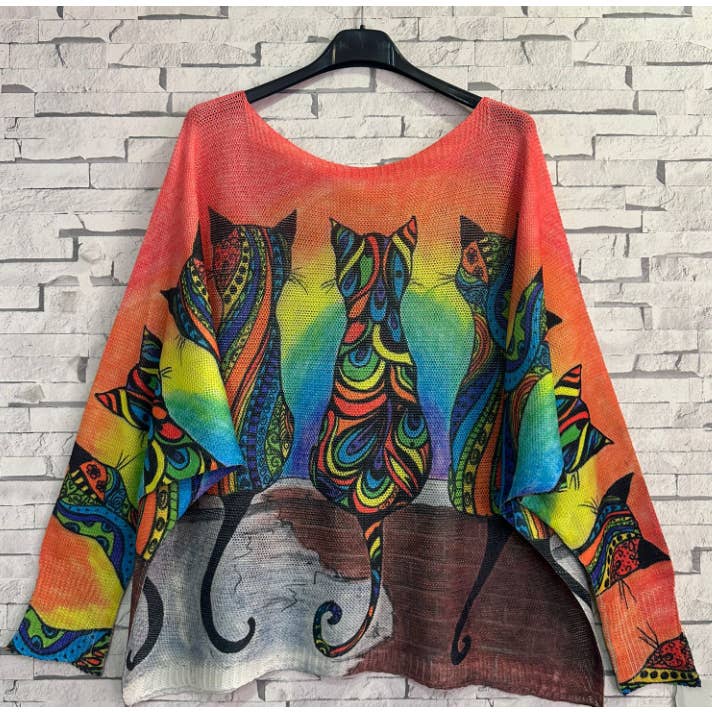 LOOWIE - Wholesale Knit Sweater - Women's - Z754 Orange Cats Round Knit Printed Sweater LOOWIE