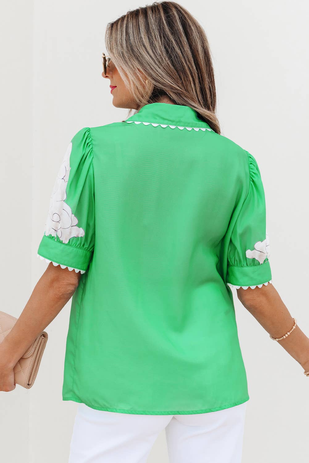 Aapparella - Vente Chemise à col boutonné – femme - Haut à boutons avec manches bouffantes et bordure en croquet floral | S-XL13