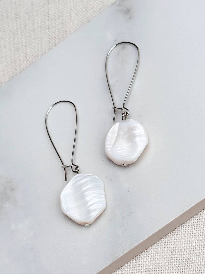 White Mother of Pearl Shell Geometric Dangle Earrings for wholesale by Gracie Rose Designs