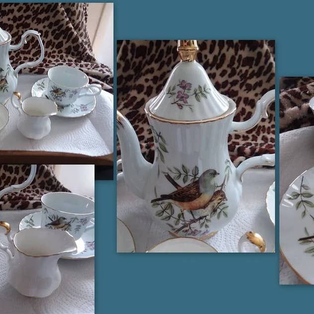 Green Pastures Wholesale - Wholesale Tea set - Porcelain tea set - with bird image & 24 K gold gilded edge.1