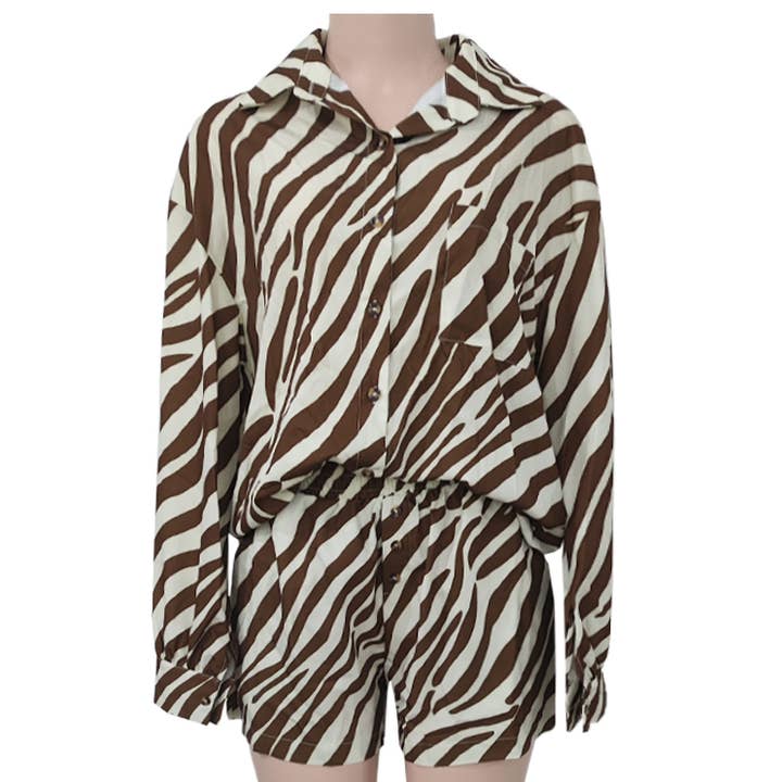 Women's Brown Zebra Print Shirt and Shorts Loungewear Set for wholesale on Faire0
